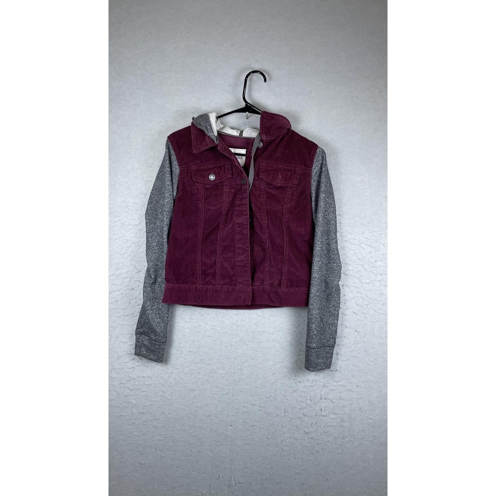Mudd‎ Jacket Womens Medium Burgundy Corduroy Gray Knit Sleeves Hooded Casual